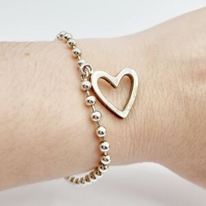 Silver Tone Beaded Bracelet Open Heart Charm Minimalist